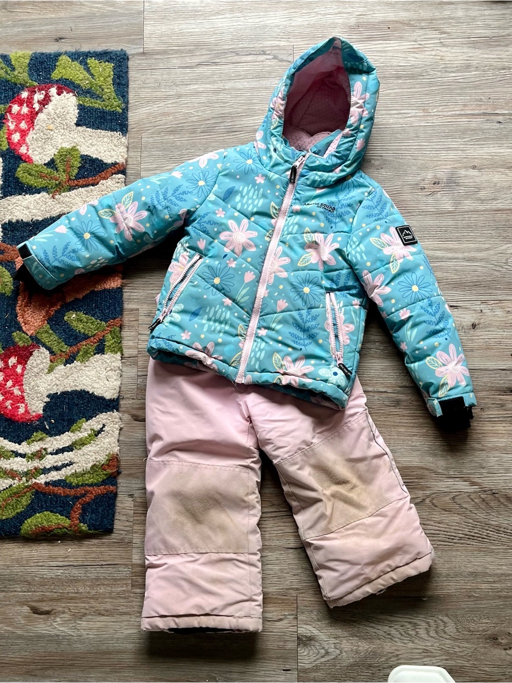 Kids Floral Winter Jacket and Snow Pants Set - Blue & Pink